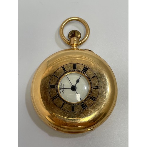 160 - An 18ct gold half-hunter pocket watch by J. W. Benson, the white enamel dial with Roman numerals den... 