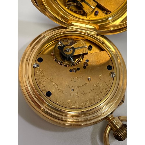 160 - An 18ct gold half-hunter pocket watch by J. W. Benson, the white enamel dial with Roman numerals den... 