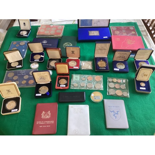 288 - Commemorative silver and various UK Royal Mint and world coin sets in a bag including a cased 1987 u... 