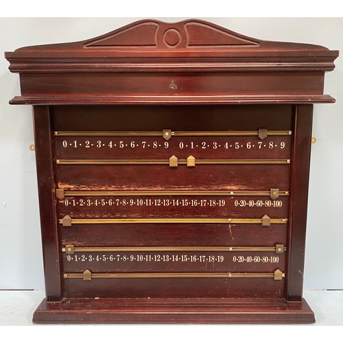 381 - A large mahogany and brass snooker scoreboard with shaped top and six brass slide rails, 76cm high