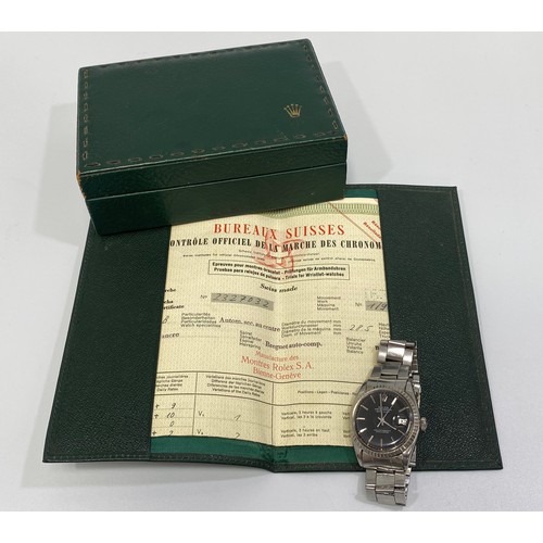 170 - A gents stainless steel Rolex Datejust wristwatch, model 1603, C.1965, the black enamel dial with ba... 