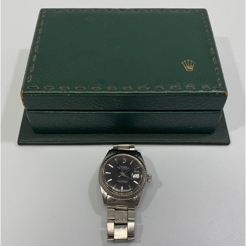 170 - A gents stainless steel Rolex Datejust wristwatch, model 1603, C.1965, the black enamel dial with ba... 