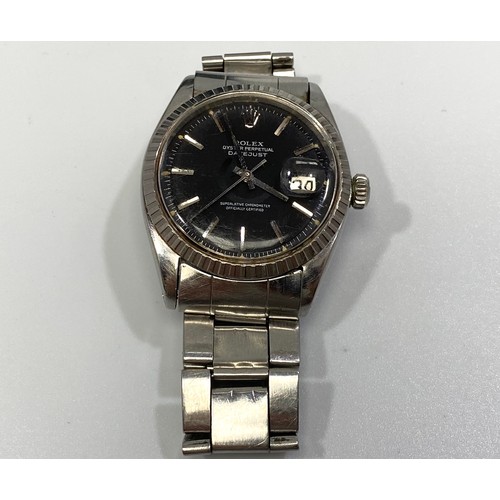 170 - A gents stainless steel Rolex Datejust wristwatch, model 1603, C.1965, the black enamel dial with ba... 