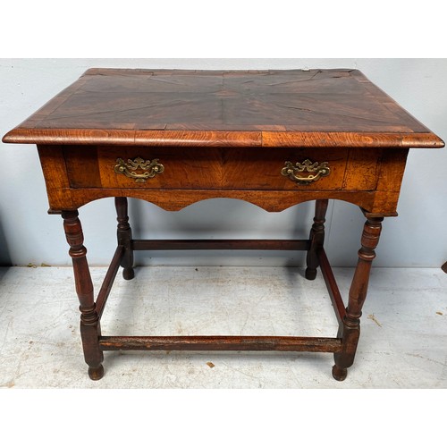 547 - An 18th century Laburnum wood veneered side table with single frieze drawer and brass handles, shape... 