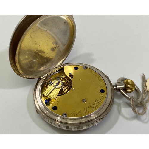 130 - A silver cased keyless half-hunter pocket watch, the white enamel dial with Roman numerals denoting ... 