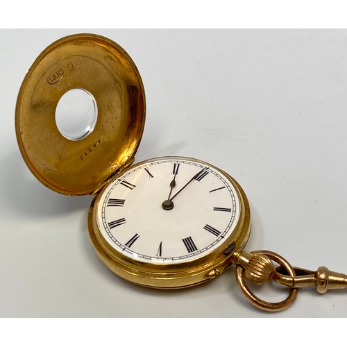 132 - A small 18ct gold cased keyless half-hunter pocket watch, the white enamel dial with Roman numerals ... 