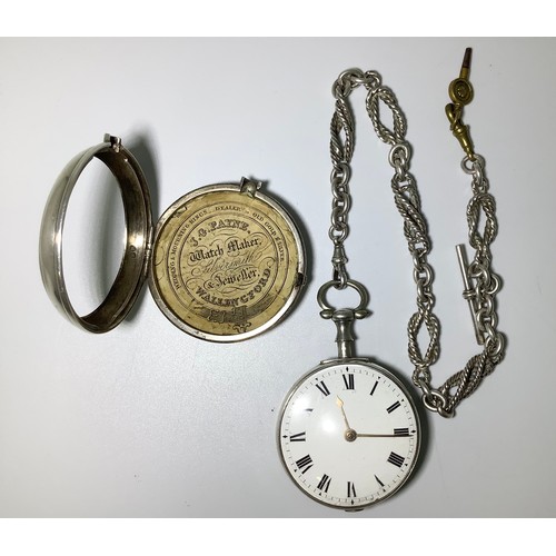 134 - A George III silver pair-cased pocket watch, the white enamel dial with Roman numerals denoting hour... 