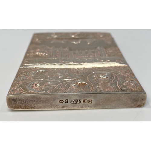 116 - A William IV silver castle top card case by Taylor & Perry, the front decorated in relief with a sce... 