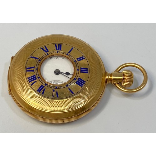 140 - An 18ct gold keyless Elgin half-hunter pocket watch, the white enamel dial with Roman numerals denot... 