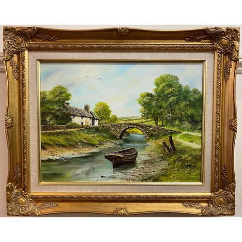 521 - Arthur Read (20th century) study of a rowing boat on a riverbank with a bridge and as house, signed,... 