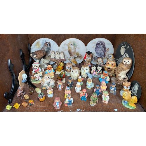 40 - A large quantity of various owl related ornaments, salt and pepper and display plates etc. together ... 