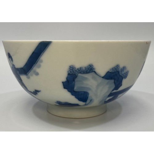 66 - A Chinese porcelain blue and white bowl decorated with ladies in a walled garden with a rabbit, Chen... 