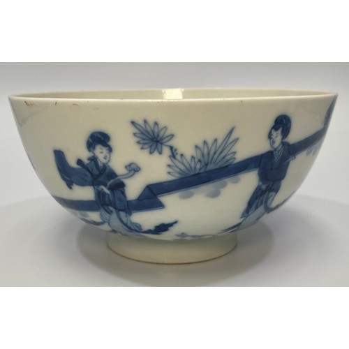 66 - A Chinese porcelain blue and white bowl decorated with ladies in a walled garden with a rabbit, Chen... 