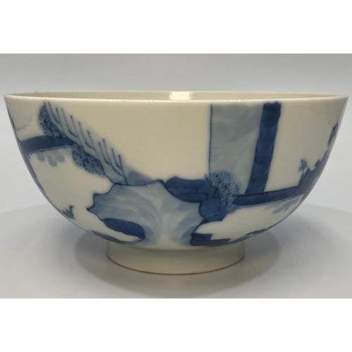 66 - A Chinese porcelain blue and white bowl decorated with ladies in a walled garden with a rabbit, Chen... 