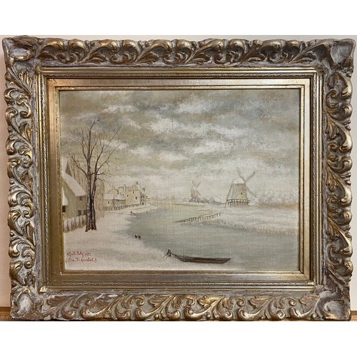 535 - Alfred Joly (French) wintry scene of a river with buildings, figures, boat and windmills, oil on can... 