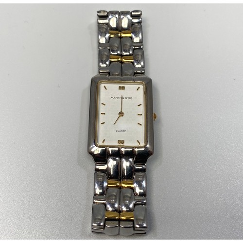 165 - A gents Mappin & Webb stainless steel wristwatch with bi-colour bracelet, rectangular dial in origin... 