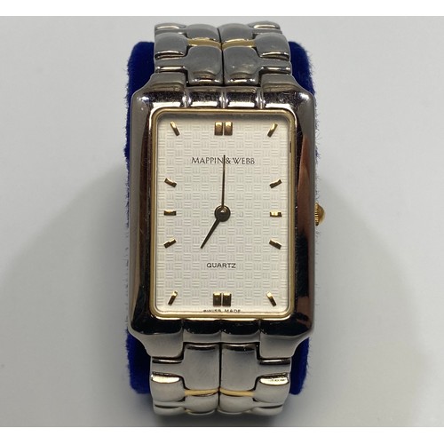 165 - A gents Mappin & Webb stainless steel wristwatch with bi-colour bracelet, rectangular dial in origin... 