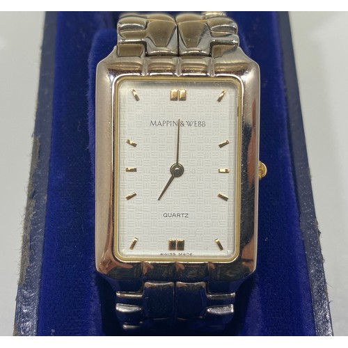 165 - A gents Mappin & Webb stainless steel wristwatch with bi-colour bracelet, rectangular dial in origin... 