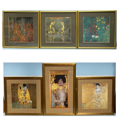 498 - Six Gustav Klimt prints including Judith holding Holofernes’s head and The Kiss, glazed and in gilt ... 