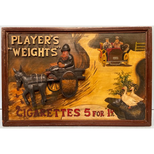 384 - A Player’s “Weights” advertising sign for cigarettes, carved in relief with a man smoking a pipe on ... 