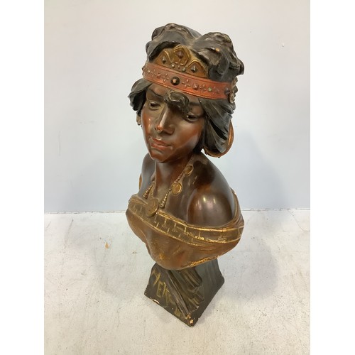 536 - A Goldscheider 'style' Art Nouveau painted plaster figure of a bust of a young lady dressed in Egypt... 