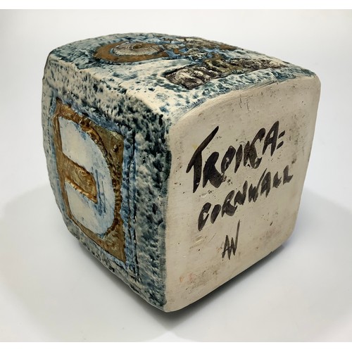 56 - A Troika Pottery marmalade pot decorated by Annette Walters, with incised and painted abstract decor... 