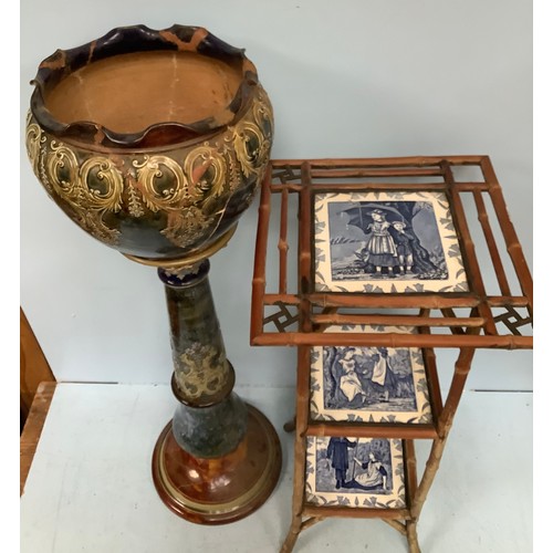 612 - A bamboo three-tier jardiniere stand inset with 19th century Wedgwood tiles ‘April’, ‘May’ and ‘June... 