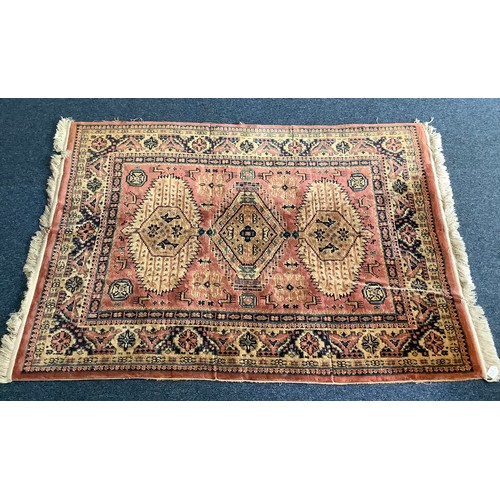 471 - Three various hand knotted rugs including a Chinese silk rug decorated with cranes and flowers to a ... 