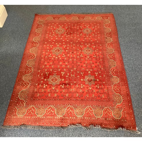 470 - Four various hand knotted rugs including a red, cream and blue rug with geometric design and a hall ... 