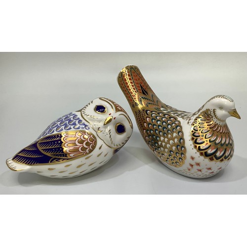 60 - Two Royal Crown Derby paperweights comprising Millennium Dove, with gold stopper and an owl, both wi... 