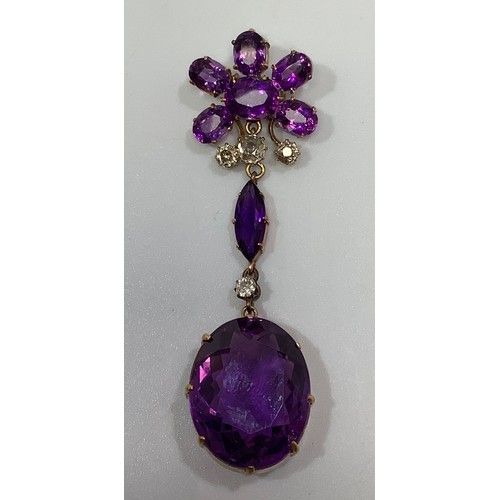 272 - An antique gold, amethyst and diamond pendant, possibly converted from a tiara, modelled with six ov... 