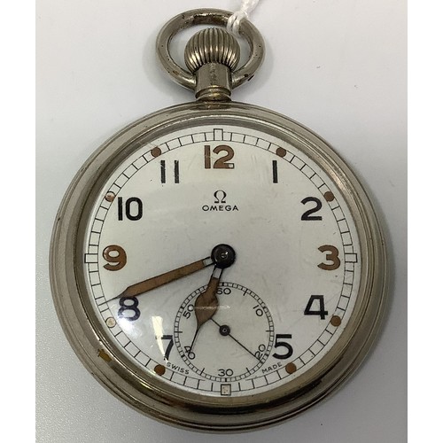 149 - A stainless steel Omega open-face G.S.T.P pocket watch, the white enamel dial with Arabic numerals d... 