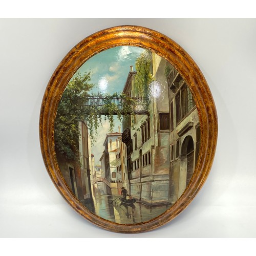 526 - A Venetian canal scene with gondola, oil on convex oval wooden panel, 24cm