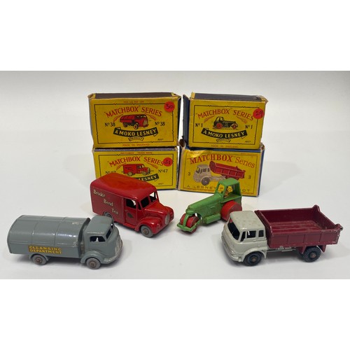 442 - Four Lesney Matchbox series diecast model vehicles, examples include No. 47 1 Ton Brooke Bond Tea Tr... 