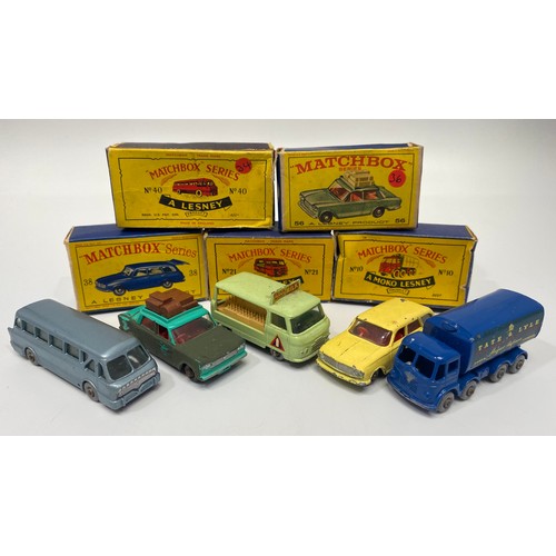 443 - Five Lesney Matchbox series diecast model vehicles, examples include No. 38 Vauxhall Victor Estate C... 