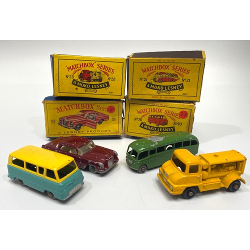 444 - Four Lesney Matchbox series diecast model vehicles, examples include No. 53 Mercedes-Benz 220 S.E Co... 