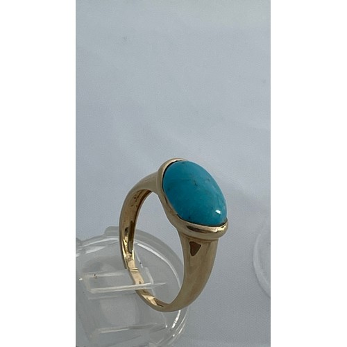 183 - Two 9ct gold dress rings, one set with an oval cabochon turquoise stone, the other set with a rectan... 