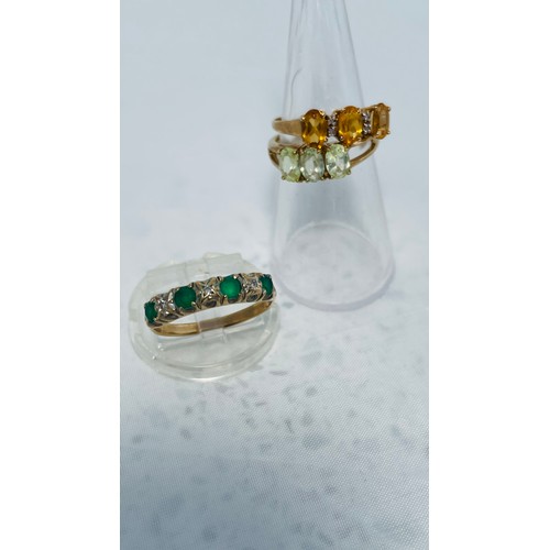 184 - Three 9ct gold dress rings, set with various coloured stones, total weight 6.3 grams.