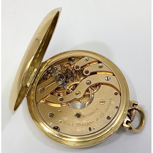 153 - An 18ct gold cased full-hunter pocket watch by Patek Philippe, the white enamel dial with Arabic num... 