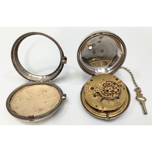 151 - A Victorian silver pair-cased pocket watch, the white enamel dial with Roman numerals denoting hours... 