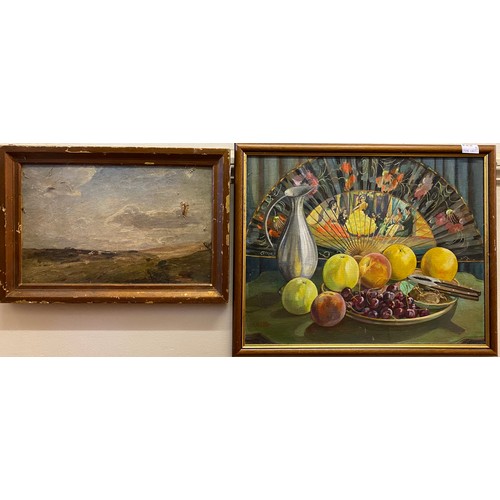 523 - G. Butler. 20th C, Still life study of fruit with Spanish figural-painted fan, signed 'G. Butler' lo... 