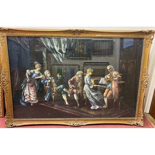 525 - An 18th century style musical conversation piece, depicting an interior scene with figures around a ... 