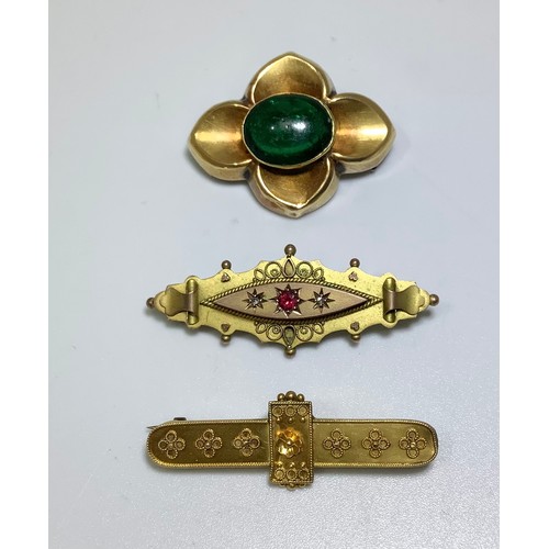 244 - A 15ct gold 'gothic revival' bar brooch, 2.40g, together with a 10ct gold ruby and rose-cut diamond ... 