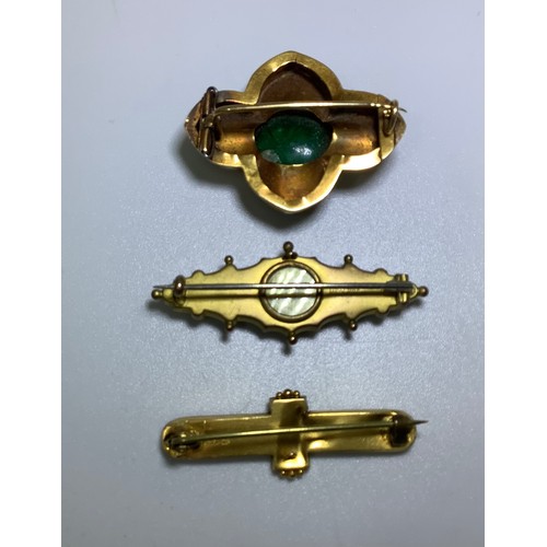 244 - A 15ct gold 'gothic revival' bar brooch, 2.40g, together with a 10ct gold ruby and rose-cut diamond ... 