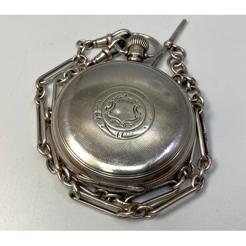 150 - A silver cased, keyless full-hunter pocket watch by Omega, the white enamel dial with Arabic numeral... 