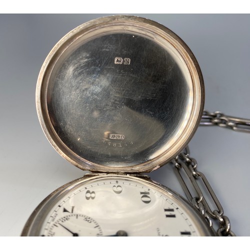 150 - A silver cased, keyless full-hunter pocket watch by Omega, the white enamel dial with Arabic numeral... 