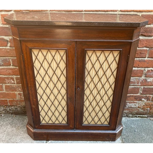 543 - A Regency rosewood two-door sideboard, with marble top, above the doors with cream fabric lining and... 