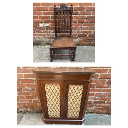 543 - A Regency rosewood two-door sideboard, with marble top, above the doors with cream fabric lining and... 