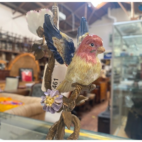 461 - A pair of bronze figural candlesticks by Mark Roberts, with colourful porcelain birds perched on twi... 