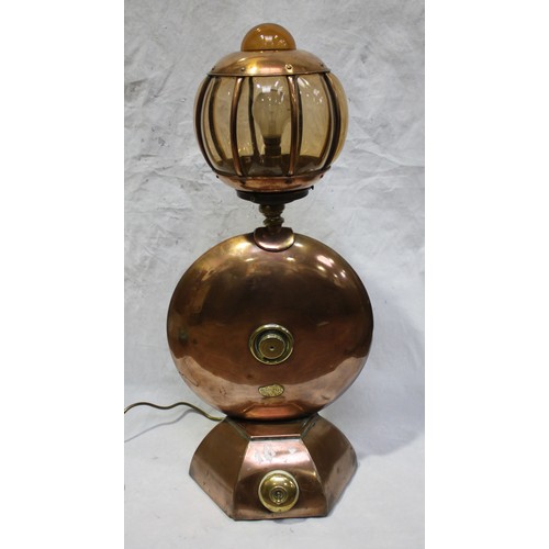 477 - A vintage copper lamp/ornament made from up-cycled parts, requires re-wiring, not tested, 70cm tall